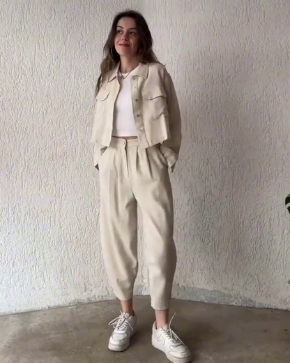 Stella – Ivory Linen Co-ord Set with Cropped Jacket Detail