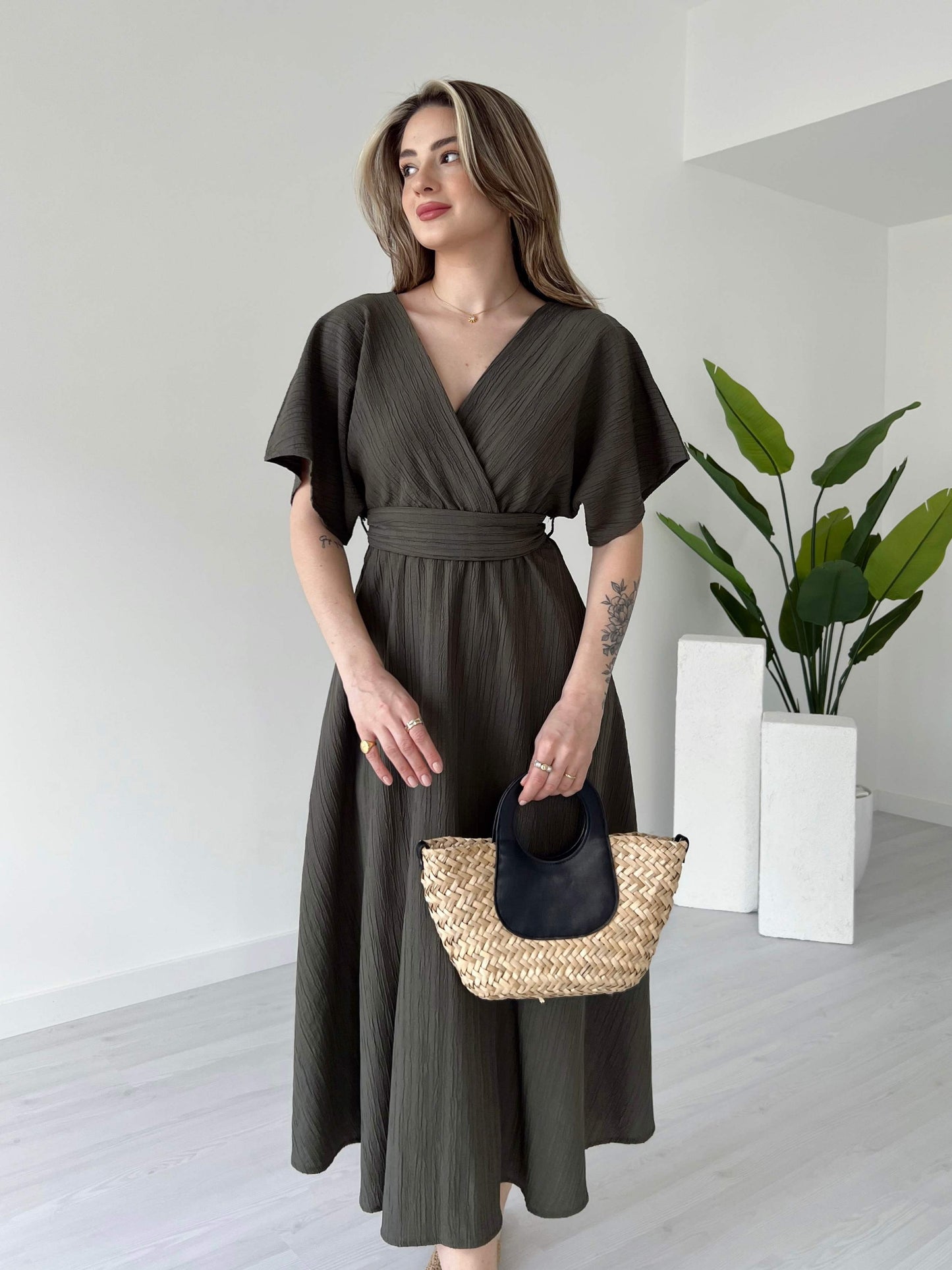 Olive Smoke Evora Midi Dress
