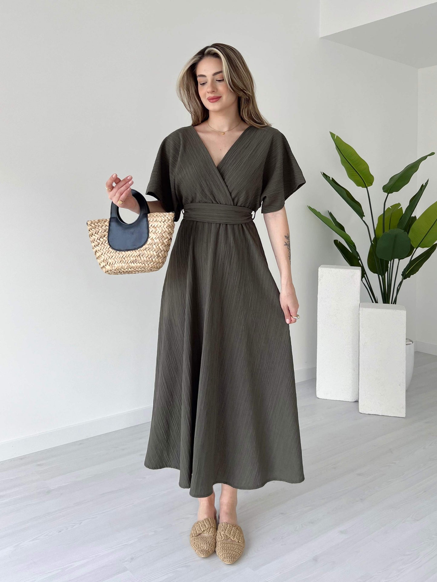 Olive Smoke Evora Midi Dress