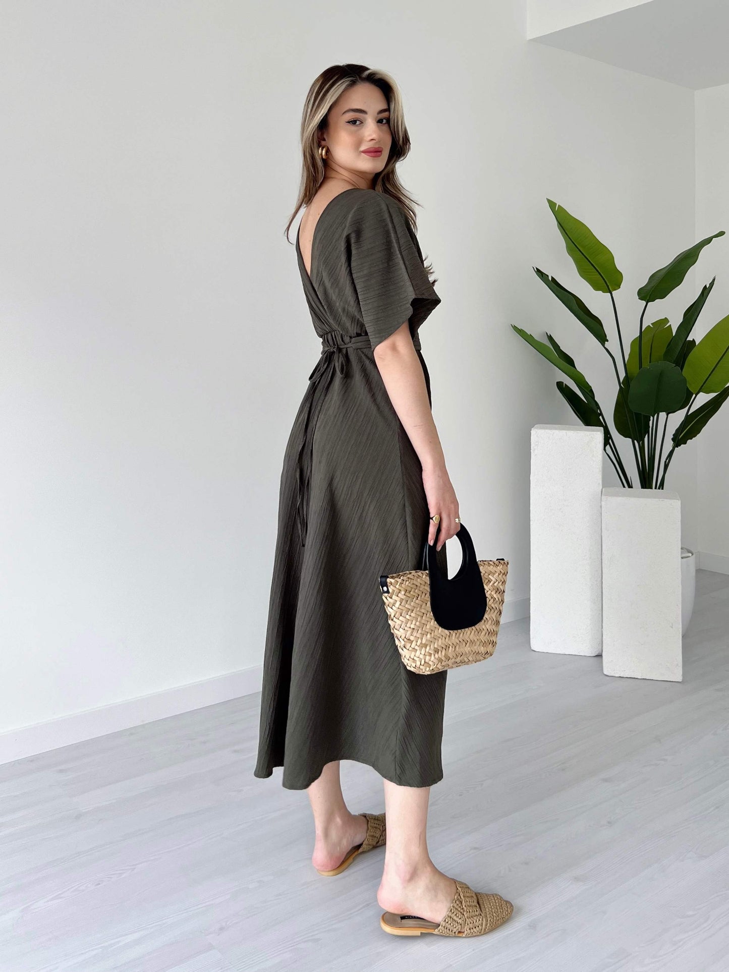 Olive Smoke Evora Midi Dress