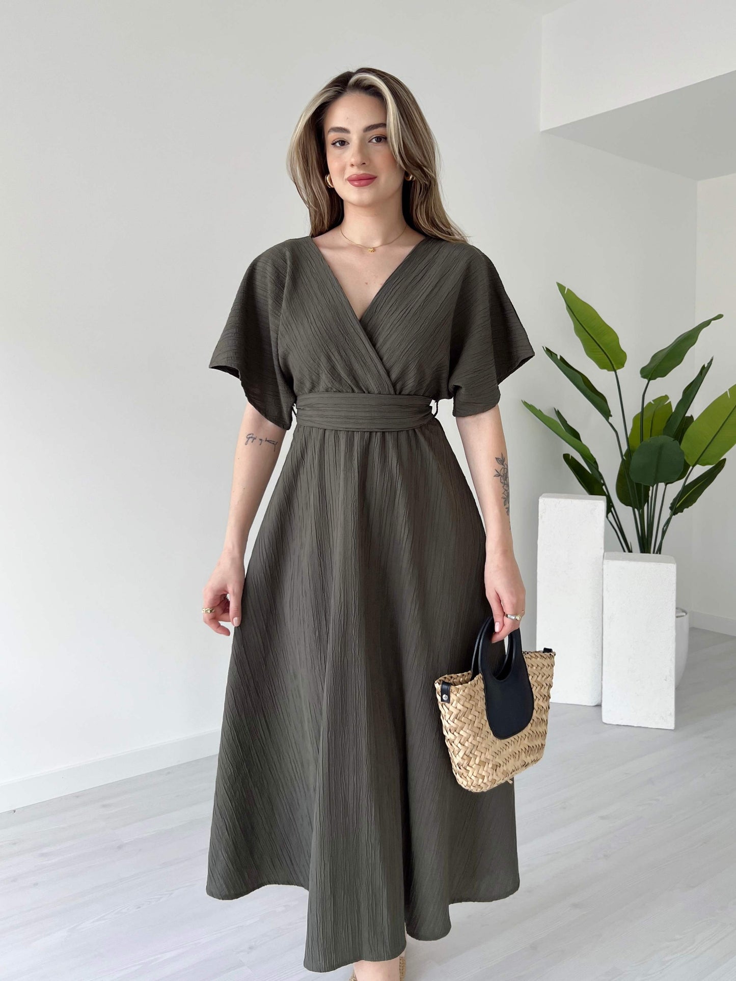 Olive Smoke Evora Midi Dress