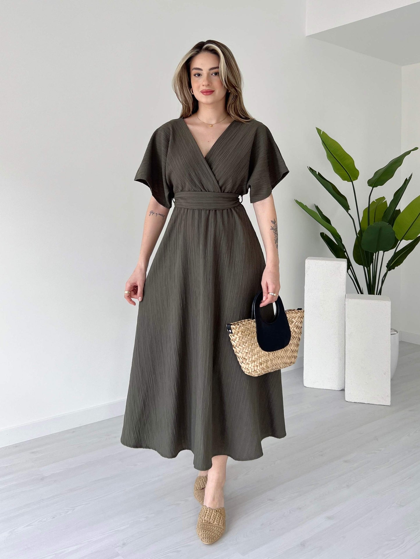 Olive Smoke Evora Midi Dress